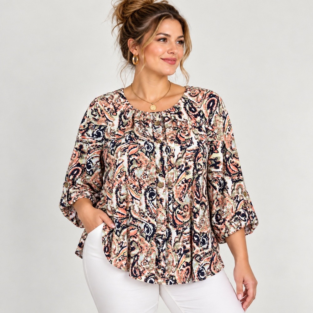 New Directions Top Women Large Paisley Pleated 3/4 Roll Tab Stretch Knit Career
